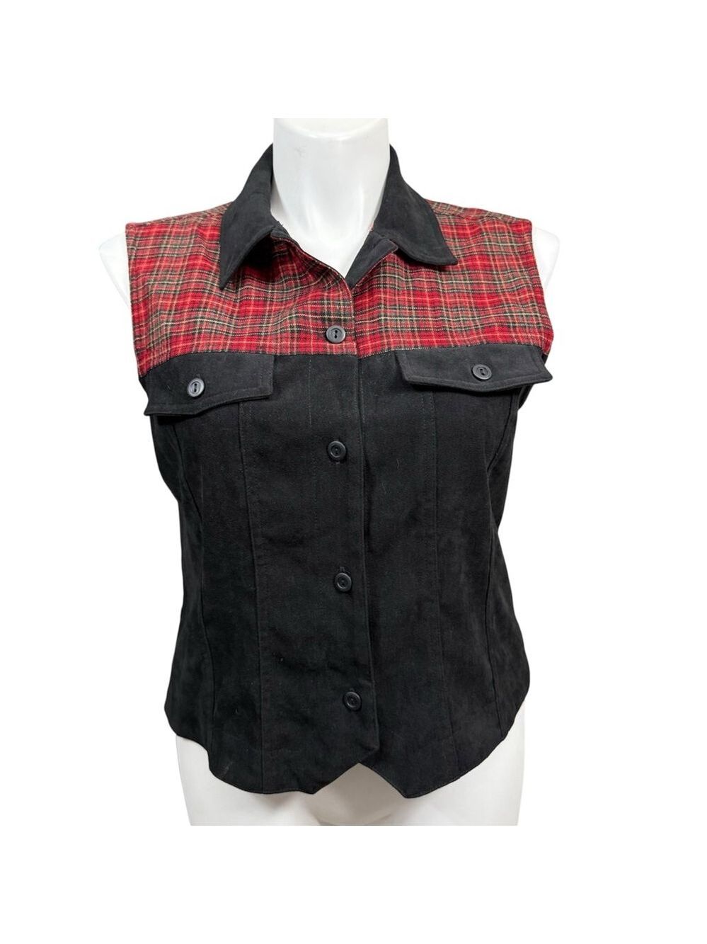 Vintage 90s Sun River Women’s Vest Black Suede Look Red Plaid Western Size L